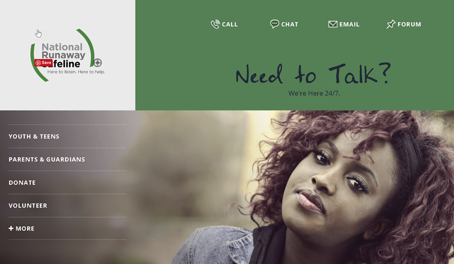 Homepage of the National Runaway Safeline website