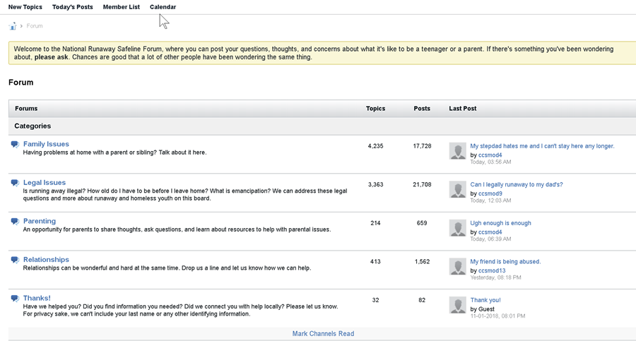 Forums page on the National Runaway Safeline website