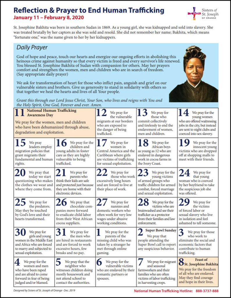 Calendar of prayer intentions for the month of Reflection & Prayer to End Human Trafficking.
